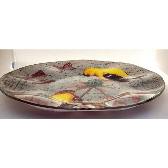 GLASS PLATTER-NOTIONS-"Goldfinch"-Ruffled Edges-Large 14" Diameter-Birds - Picture 8 of 13